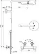 Duschsystem von Ideal Standard mit Thermostat und Kopfbrause, Rohrdetails und Befestigungen. Technische Zeichnung mit Maßangaben und Montageskizze.